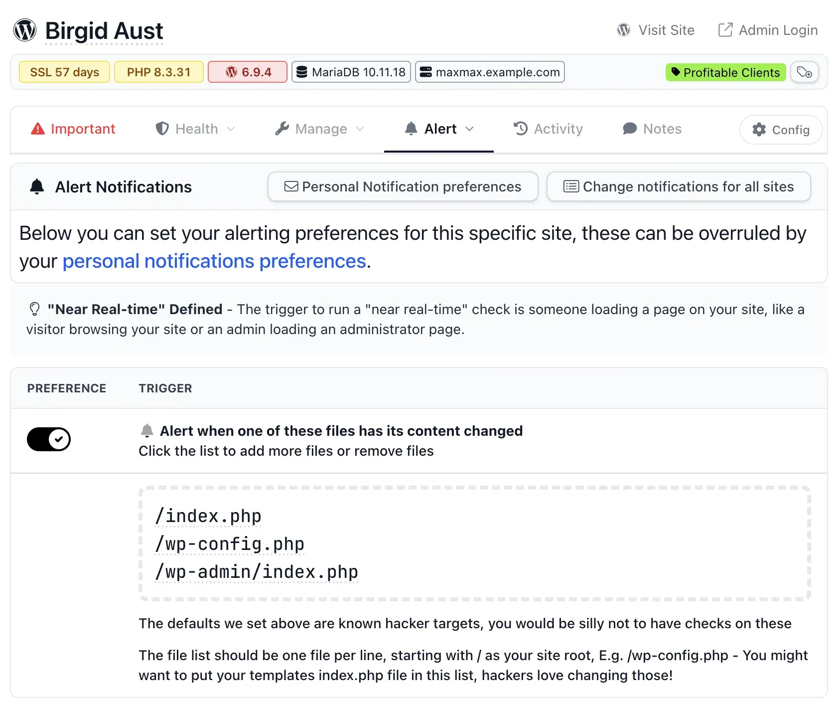 The mySites.guru Alert tab showing the real-time file watch list, with a toggle for “Alert when one of these files has its content changed” and a monitored list of /index.php, /wp-config.php and /wp-admin/index.php