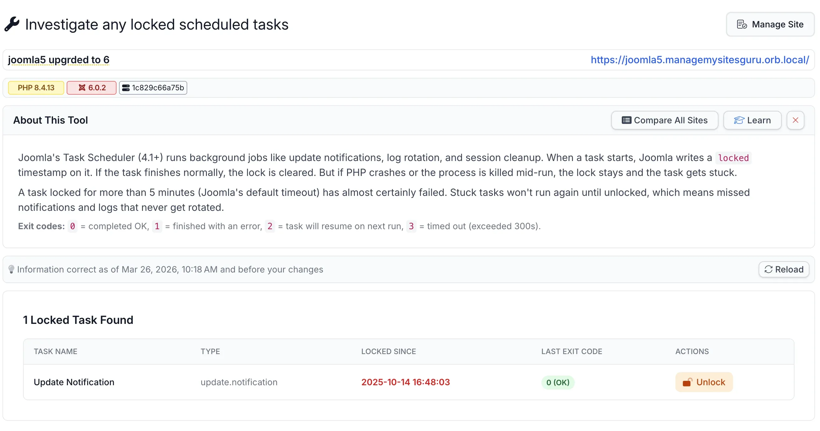 mySites.guru Investigate view showing a locked Update Notification task with task name, type, locked since timestamp, last exit code, and Unlock button