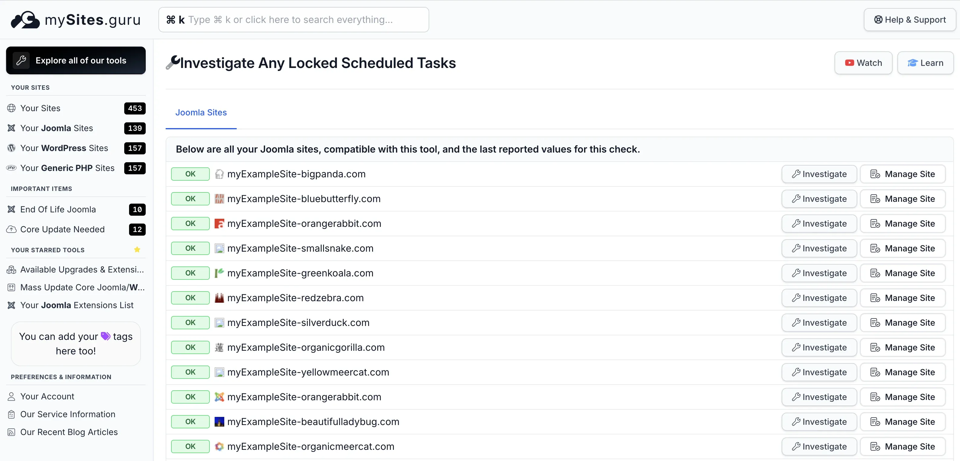 mySites.guru pivot page showing the locked scheduled tasks check across all connected Joomla sites, with OK status badges and Investigate buttons for each site