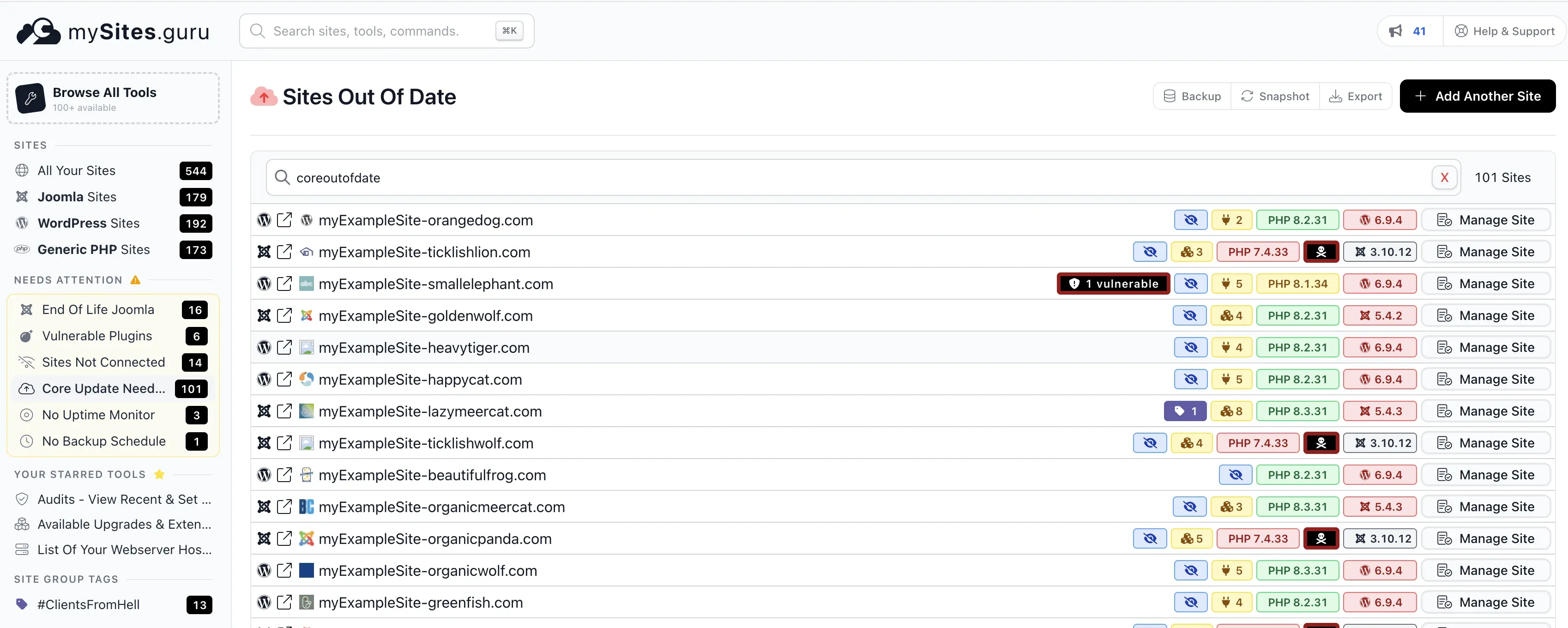 mySites.guru sites list showing mixed Joomla and WordPress versions with outdated and vulnerable badges