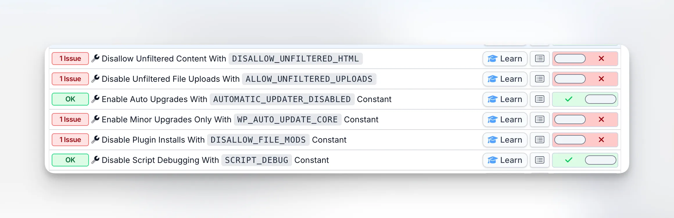 mySites.guru WordPress Configuration audit showing AUTOMATIC_UPDATER_DISABLED and other wp-config.php constants with one-click toggles
