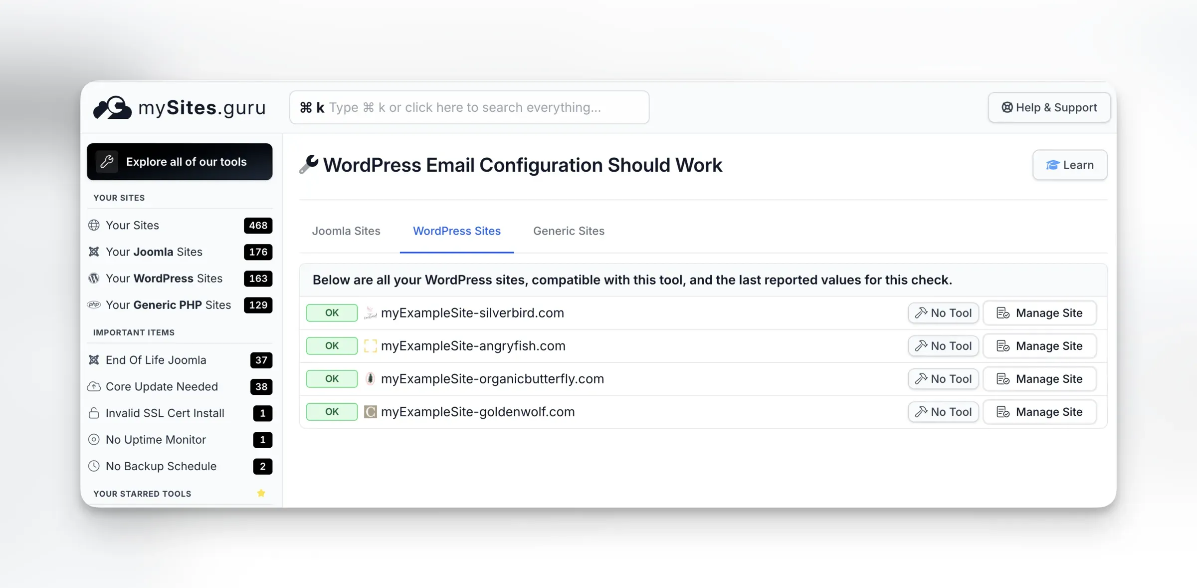 mySites.guru pivot view showing the WordPress Email Configuration check across all connected WordPress sites with OK statuses