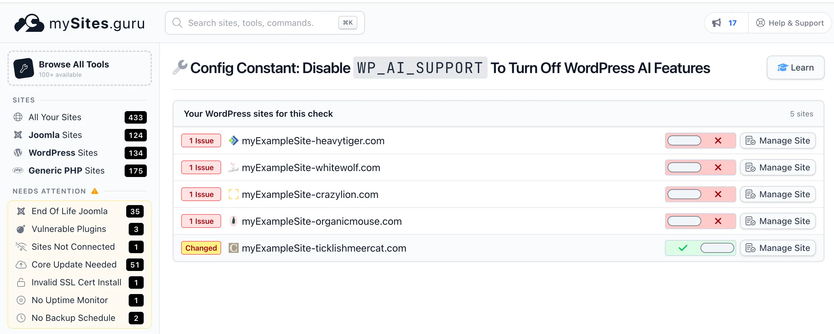 mySites.guru WordPress Configuration audit showing the WP_AI_SUPPORT toggle across five WordPress sites - four flagged as AI on, one already changed to AI off