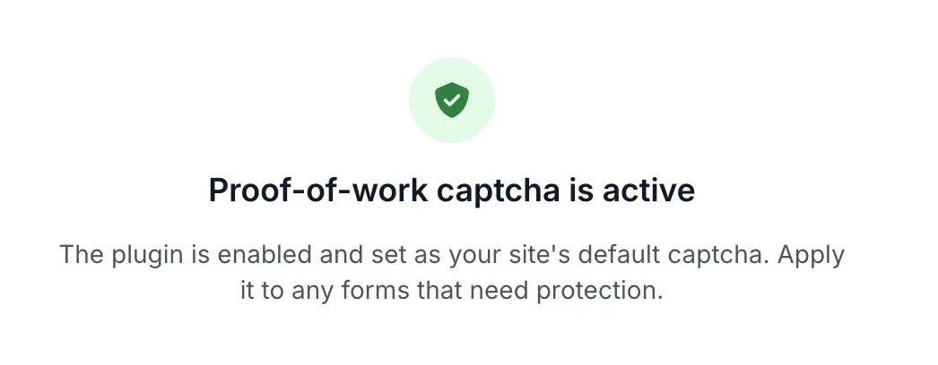 The mySites.guru Enable POW Captcha tool after the fix, showing a green shield and the message Proof-of-work captcha is active: the plugin is enabled and set as the site's default captcha