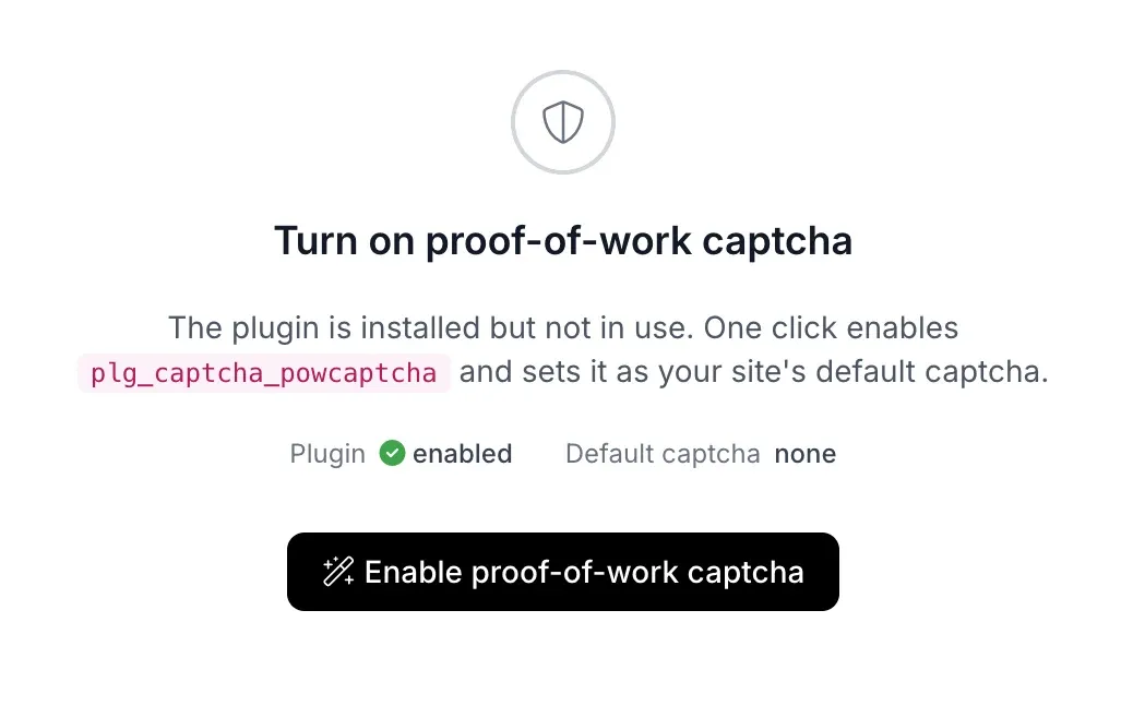 The mySites.guru Enable POW Captcha tool showing a Joomla 6.1 site where the plugin is installed and enabled but Default Captcha is set to none, with a single Enable proof-of-work captcha button to fix it