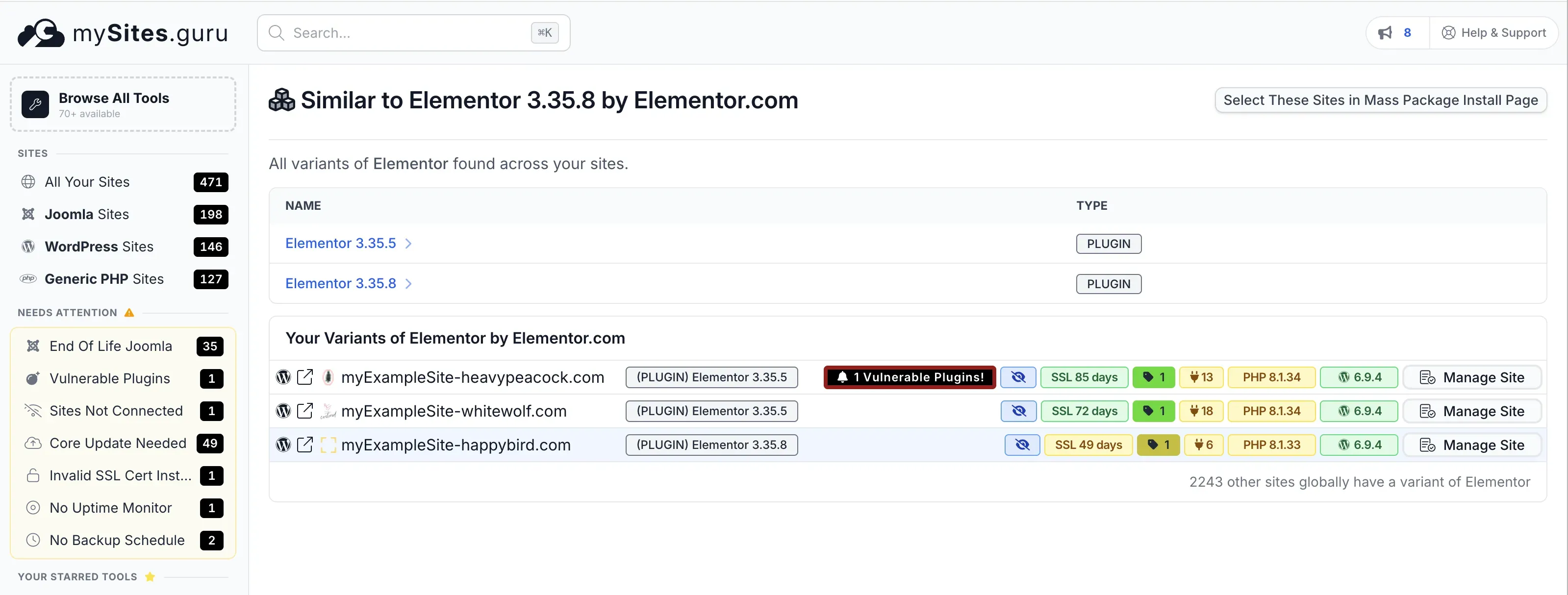 mySites.guru Elementor version drilldown showing sites running vulnerable version 3.35.5 flagged with a red "1 Vulnerable Plugins!" badge alongside sites running the patched 3.35.8