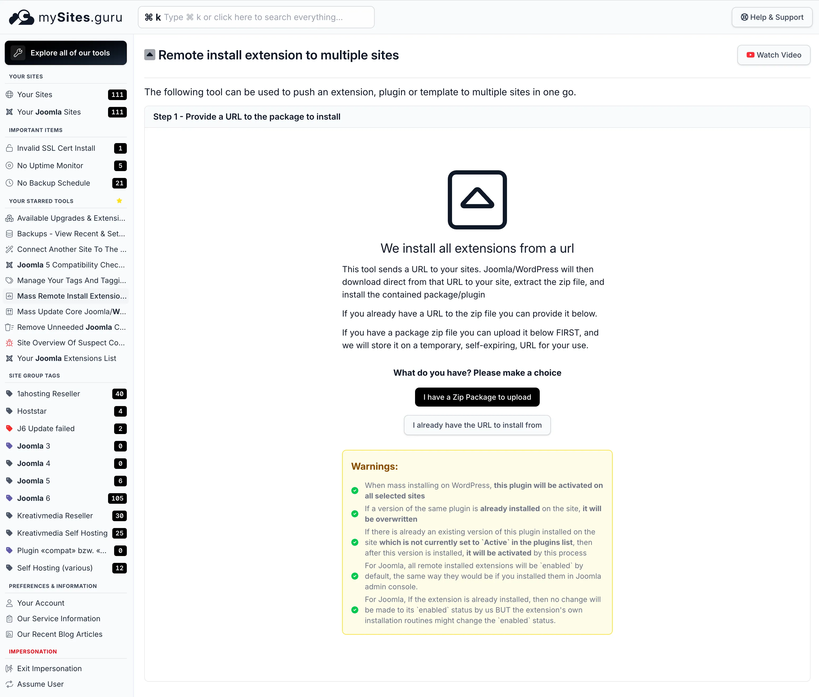 mySites.guru Mass Package Installer showing the "I already have the URL to install from" option for deploying extensions to multiple sites at once