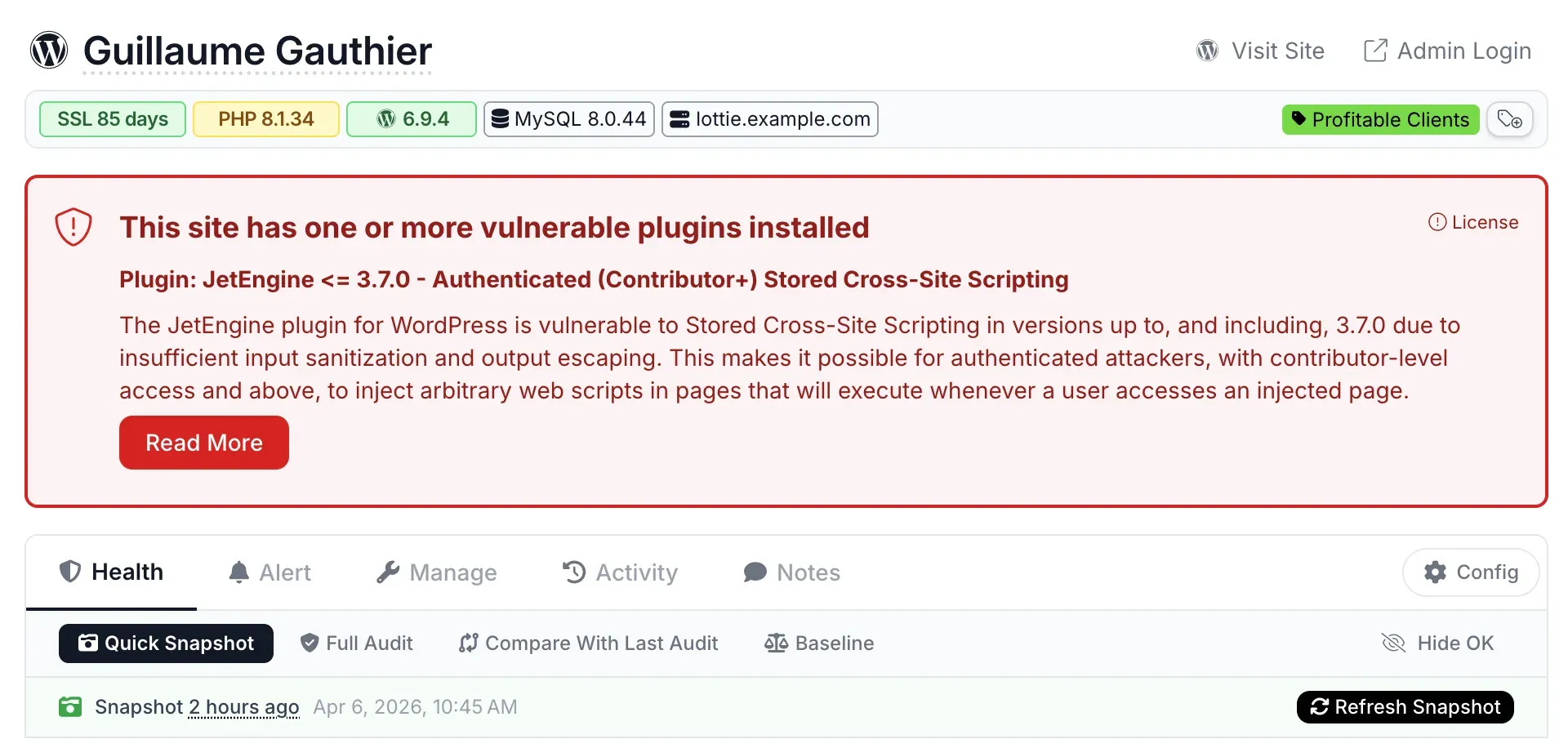 mySites.guru manage site page showing a red "This site has one or more vulnerable plugins installed" banner with CVE details for a stored XSS vulnerability