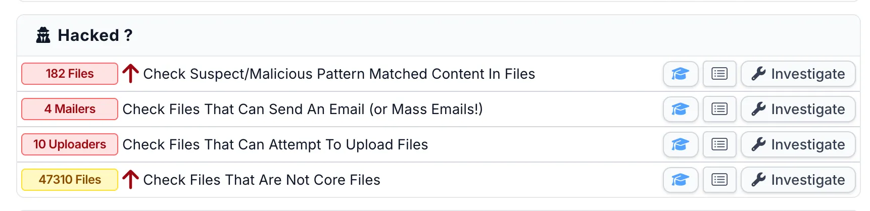 mySites.guru audit Hacked section showing 182 suspect files with pattern-matched content, 4 mailer files, 10 uploader files, and 47,310 non-core files flagged for review