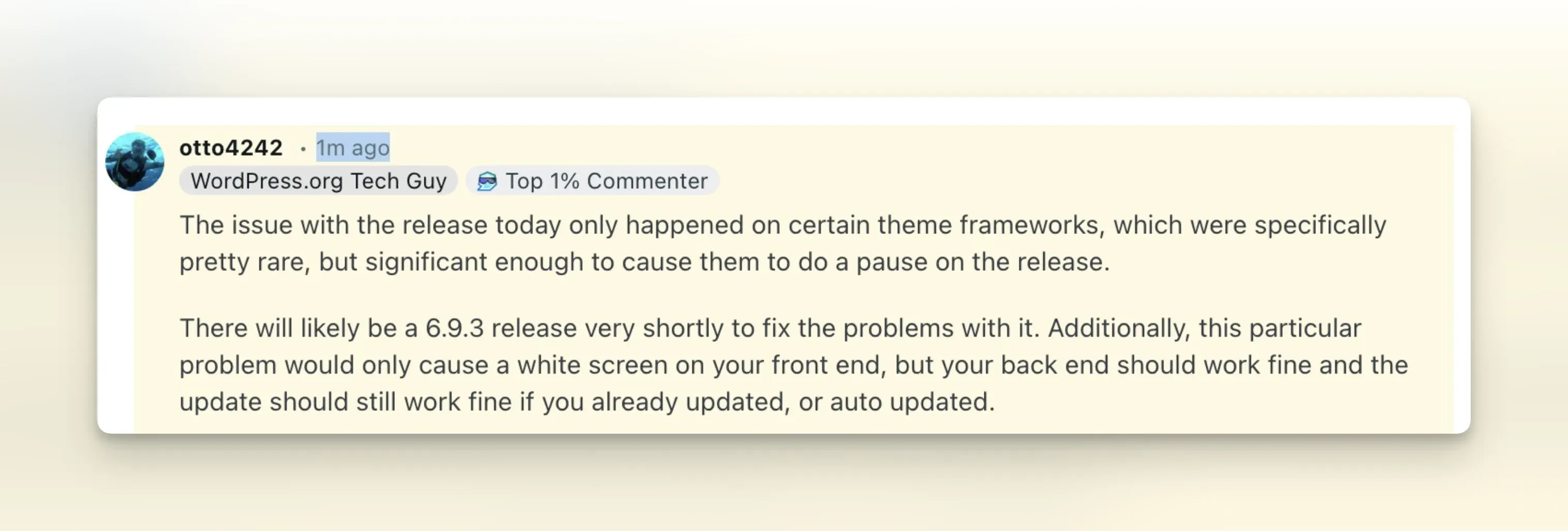 Otto's Reddit comment confirming 6.9.3 is coming shortly