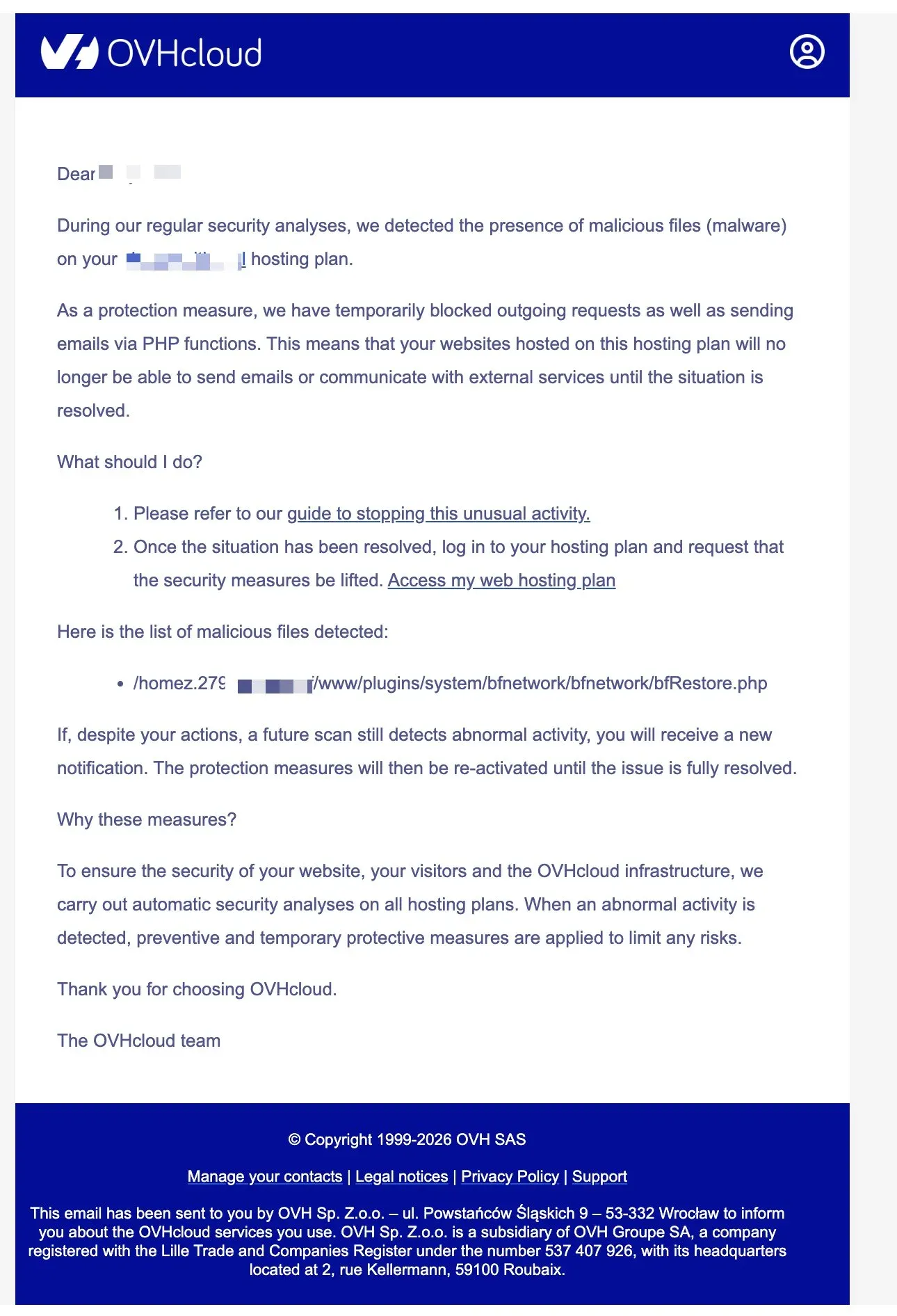 The OVHcloud email flagging mySites.guru's bfRestore.php as malware. It says outgoing requests and PHP email have been blocked on the whole hosting plan as a protection measure, and lists the single file plugins/system/bfnetwork/bfnetwork/bfRestore.php as the detected malicious file.