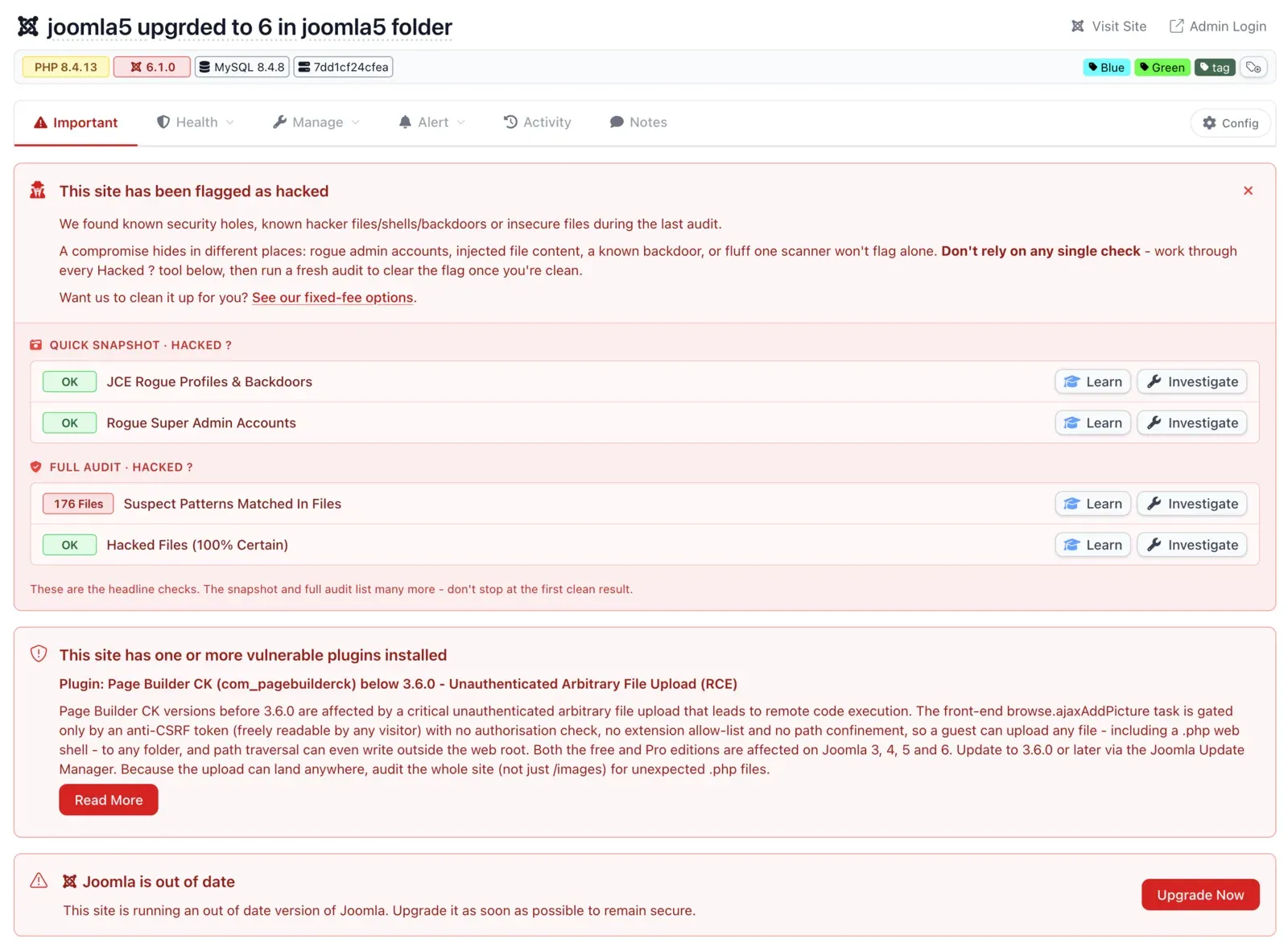 The mySites.guru Important tab for a Joomla site, showing a red ‘This site has one or more vulnerable plugins installed’ alert that names Page Builder CK (com_pagebuilderck) below 3.6.0 as an unauthenticated arbitrary file upload leading to RCE, alongside the hacked-site checks and the suspect content tool result