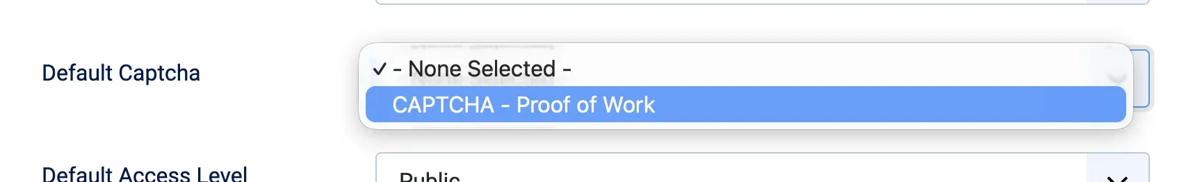 The Default Captcha dropdown in Joomla 6.1 Global Configuration, showing CAPTCHA - Proof of Work as the available option