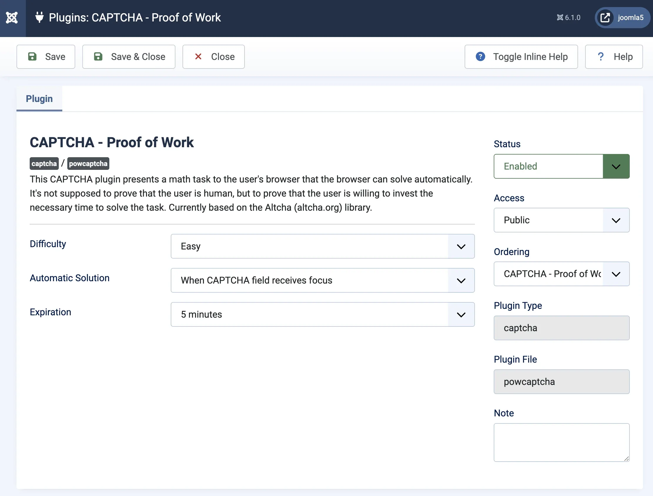 The Joomla 6.1 admin showing the CAPTCHA - Proof of Work plugin edit screen, with Difficulty set to Easy, Automatic Solution set to When CAPTCHA field receives focus, Expiration set to 5 minutes, and Status set to Enabled