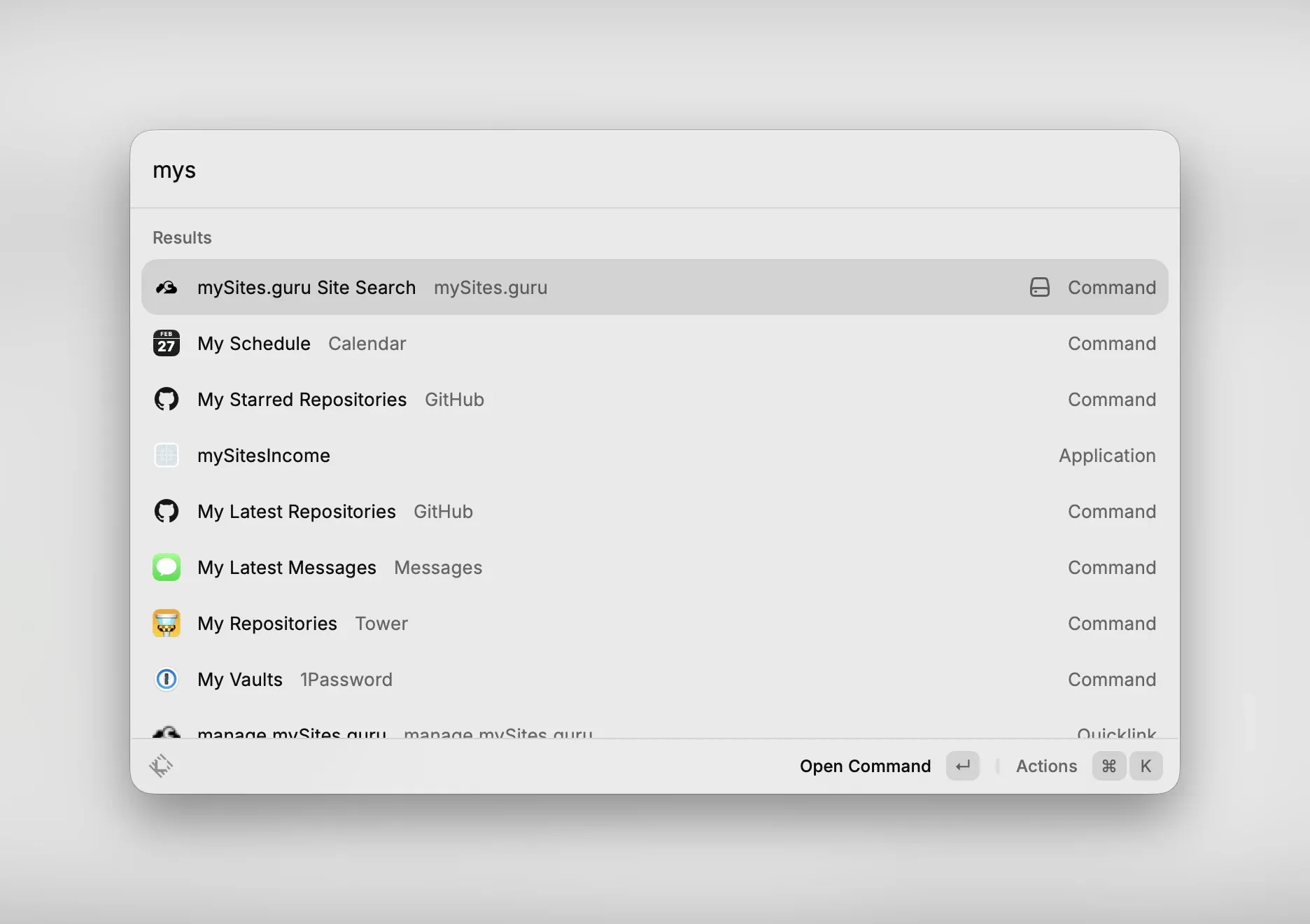 Raycast showing mySites.guru Site Search command