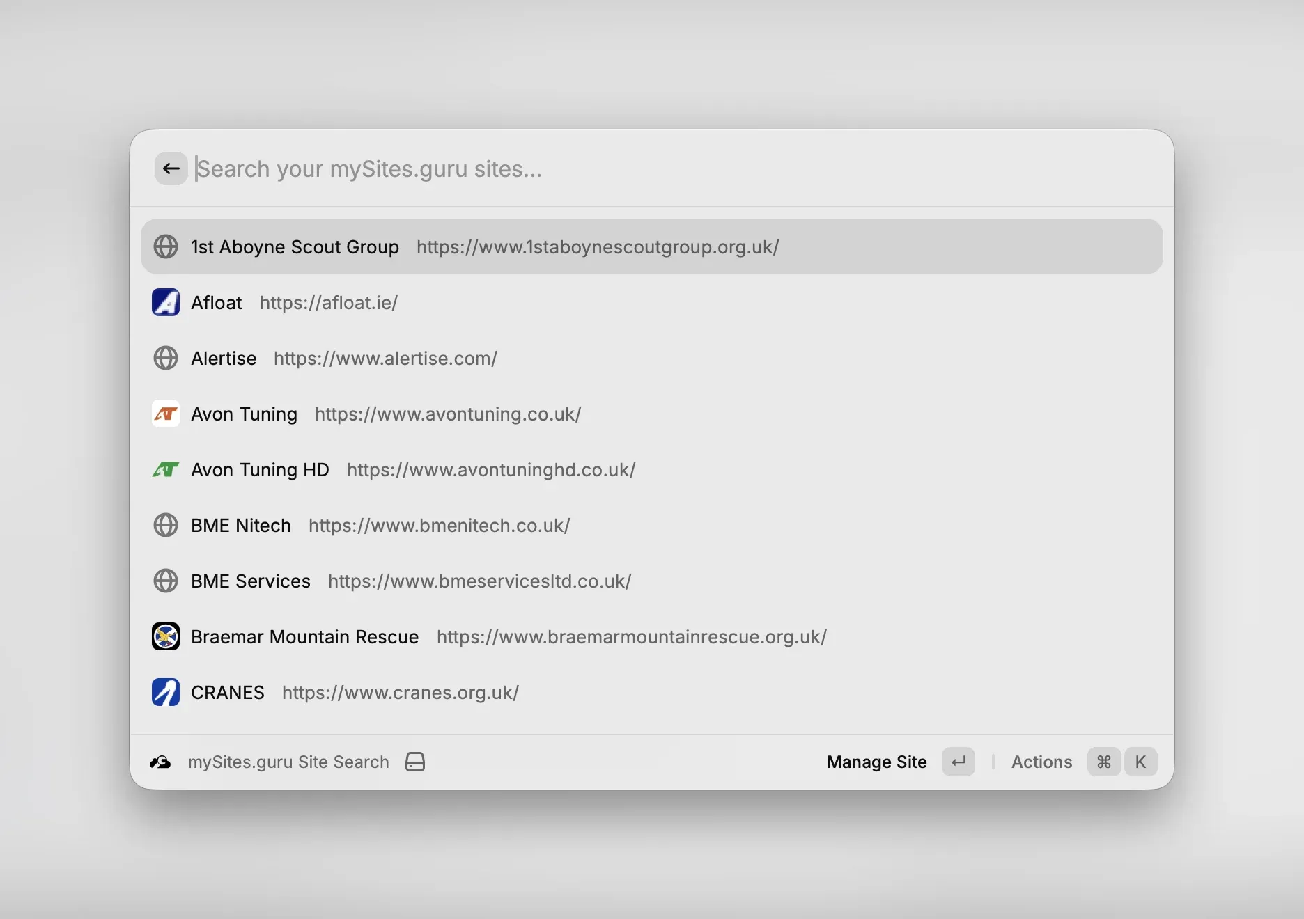 Your mySites.guru sites listed in Raycast with favicons