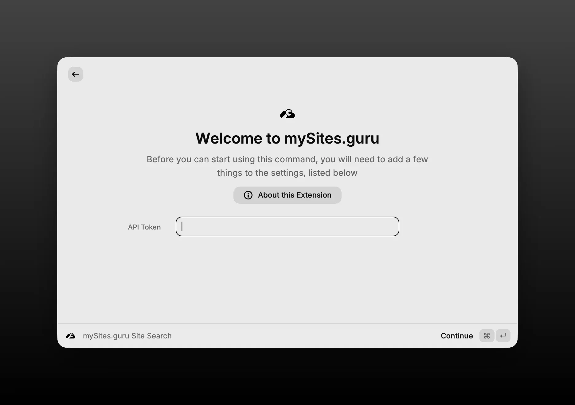 mySites.guru Raycast extension welcome screen