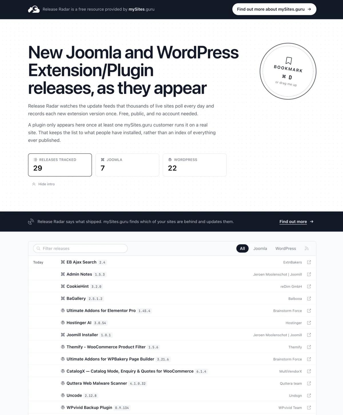 The Release Radar public log at releases.mysites.guru, showing counters for releases tracked, Joomla and WordPress, above a reverse-chronological list of extension releases with vendor names, version numbers and outbound links