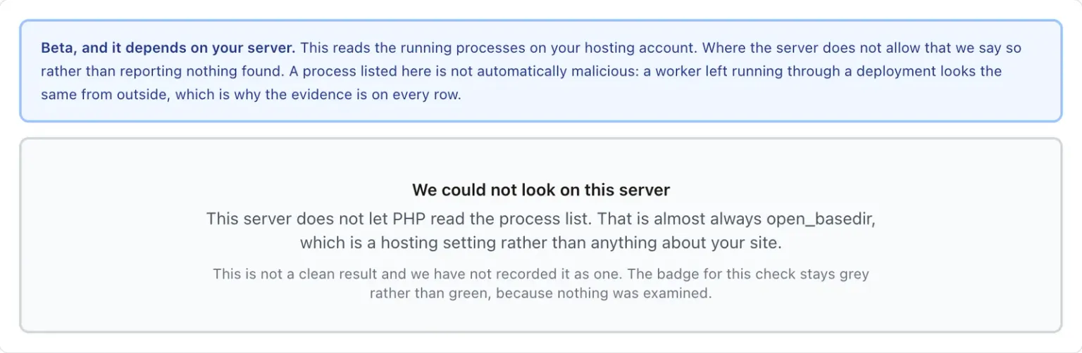 The same mySites.guru panel on a server that blocks the process list, showing a grey card headed We could not look on this server, explaining that open_basedir stops PHP reading the process list, and stating that the badge stays grey rather than green because nothing was examined
