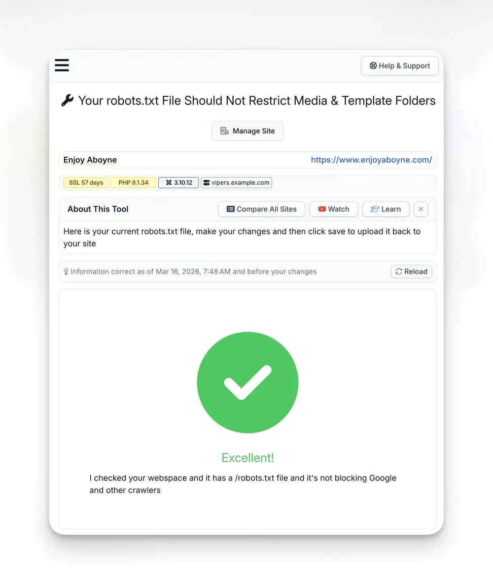 mySites.guru robots.txt check showing a passing result with green checkmark and the message that the robots.txt file is not blocking Google and other crawlers