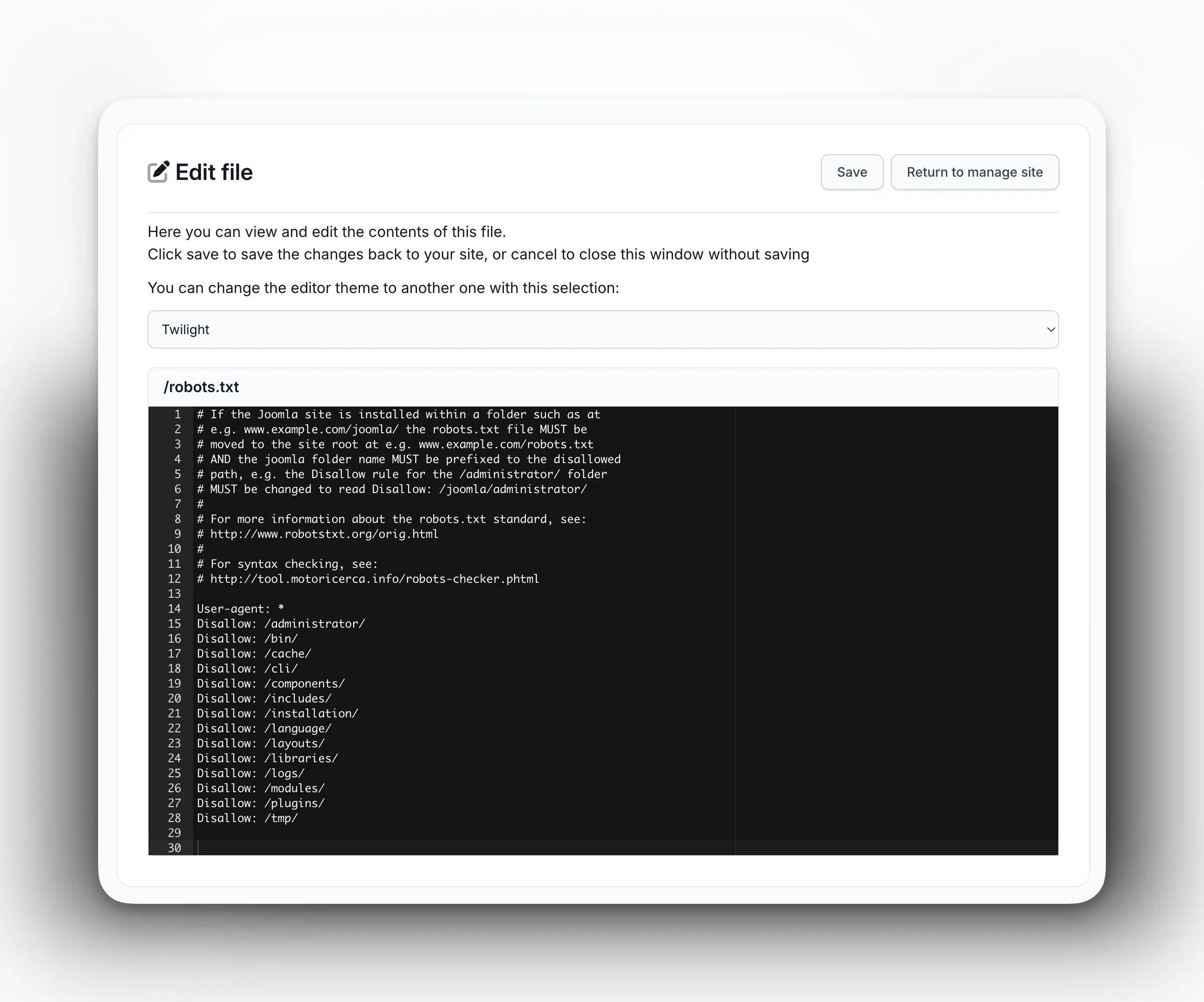 mySites.guru built-in robots.txt file editor showing the raw file contents with line numbers, a Twilight syntax theme, and Save button to push changes to the site