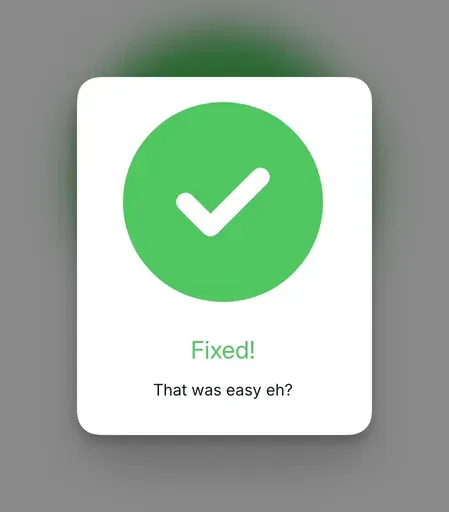 mySites.guru confirmation showing the fix was applied successfully with a green checkmark and the message That was easy eh?