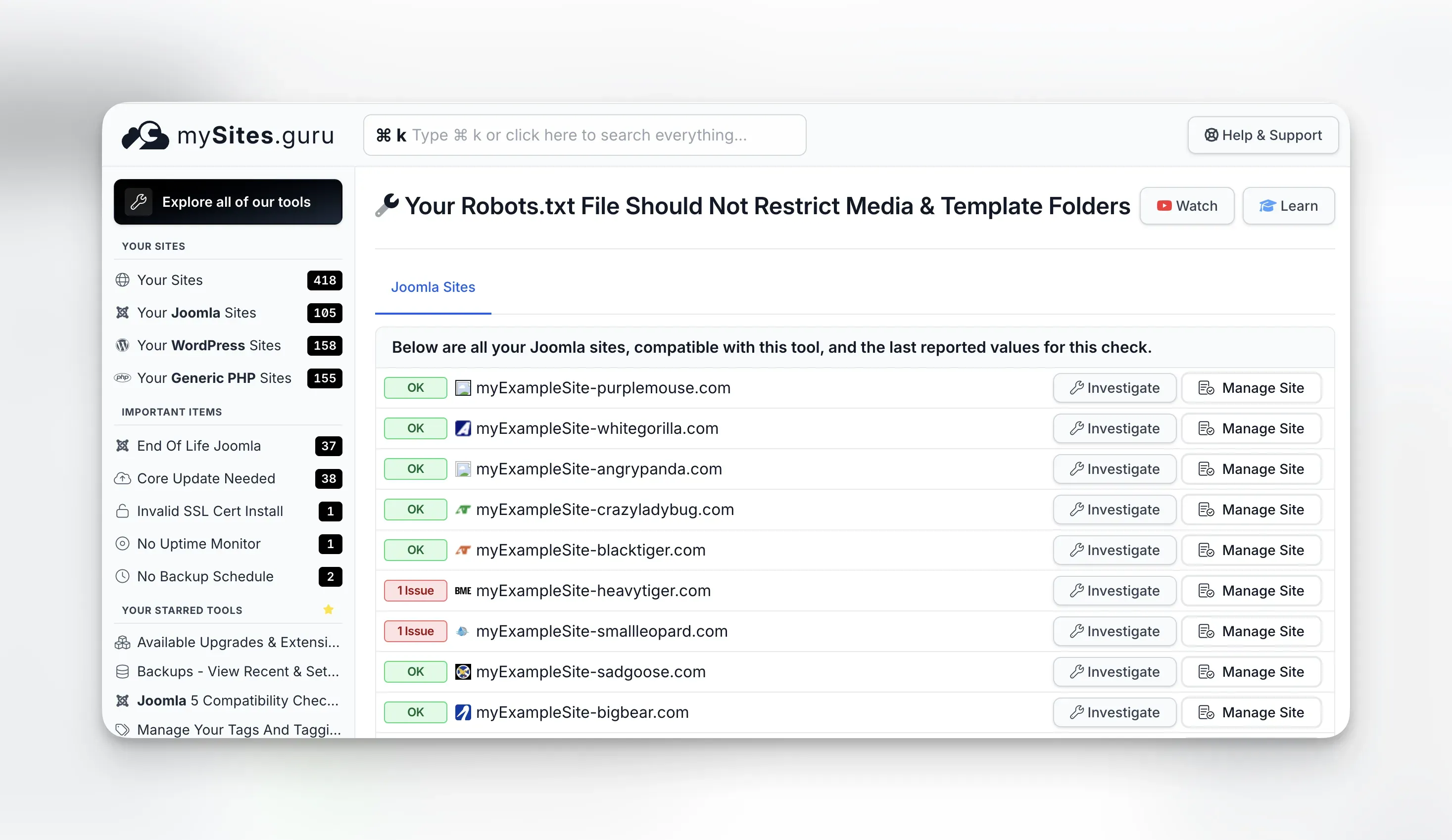 mySites.guru pivot page showing the robots.txt media and template check across multiple Joomla sites, with OK and 1 Issue status indicators for each site