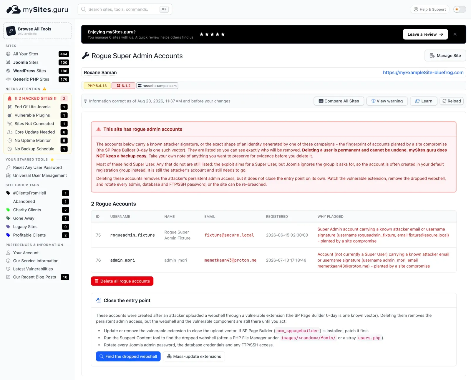 The mySites.guru Rogue Super Admin Accounts check on a Joomla site, showing a red "This site has rogue admin accounts" warning above a table of two flagged accounts. The first, rogueadmin_fixture, is a Super Admin registered in June. The second, admin_mori, was registered in July and is marked "not currently a Super User". Each row gives the reason it was flagged, and a Delete all rogue accounts button sits below the table