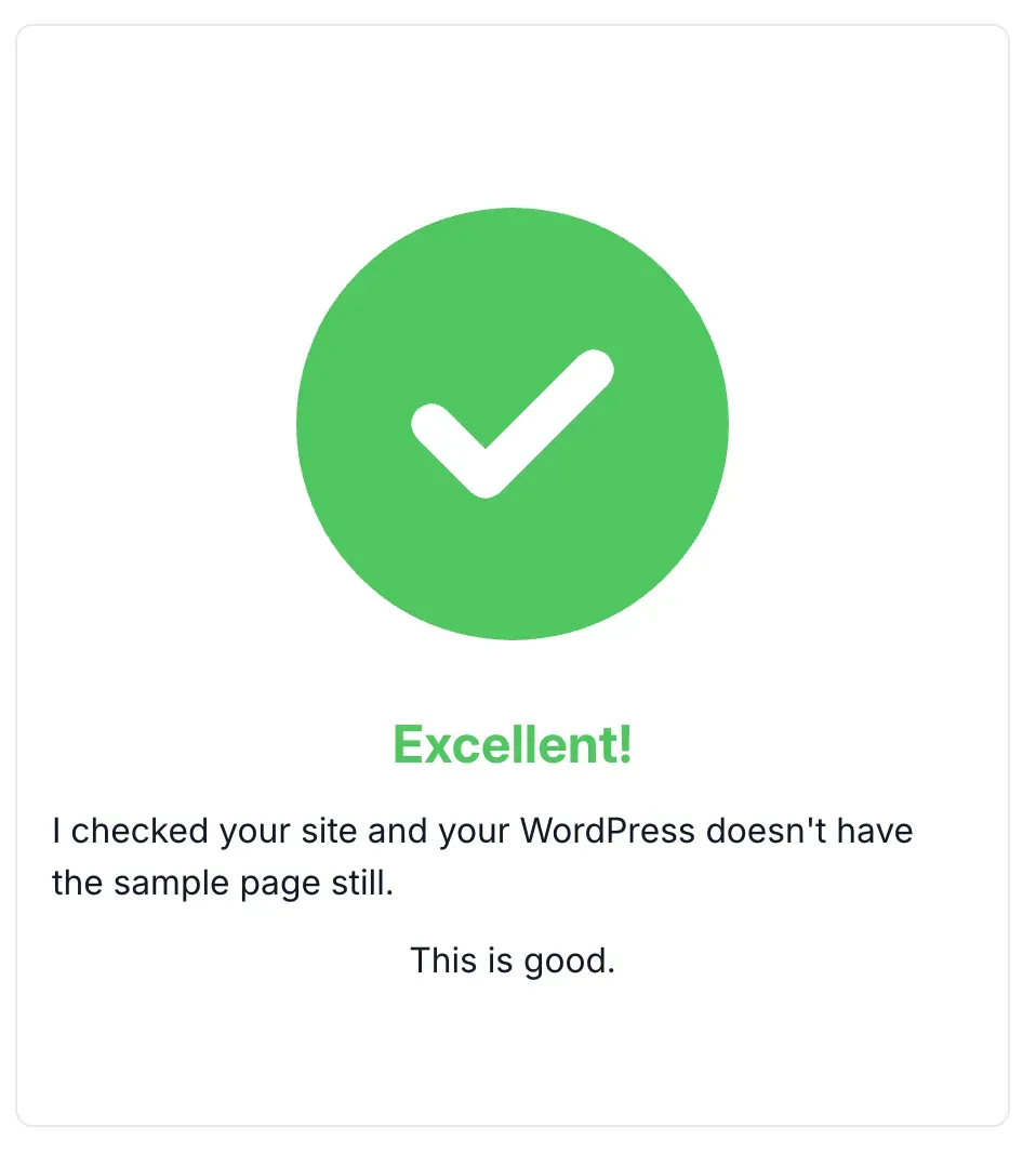 mySites.guru success view showing a green checkmark confirming the WordPress site no longer has the sample page