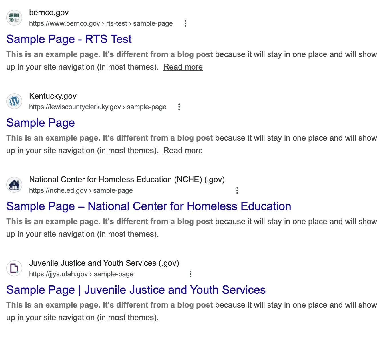 Google search results showing .gov websites with WordPress Sample Page still indexed, including bernco.gov, Lewis County Clerk (Kentucky), National Center for Homeless Education, and Utah Juvenile Justice