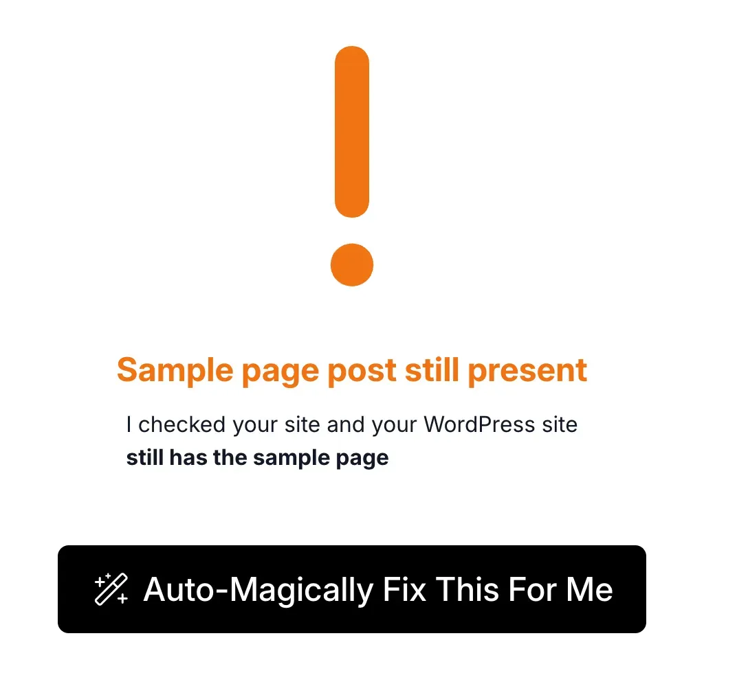 mySites.guru investigate view showing an orange warning that the sample page post is still present, with an Auto-Magically Fix This For Me button