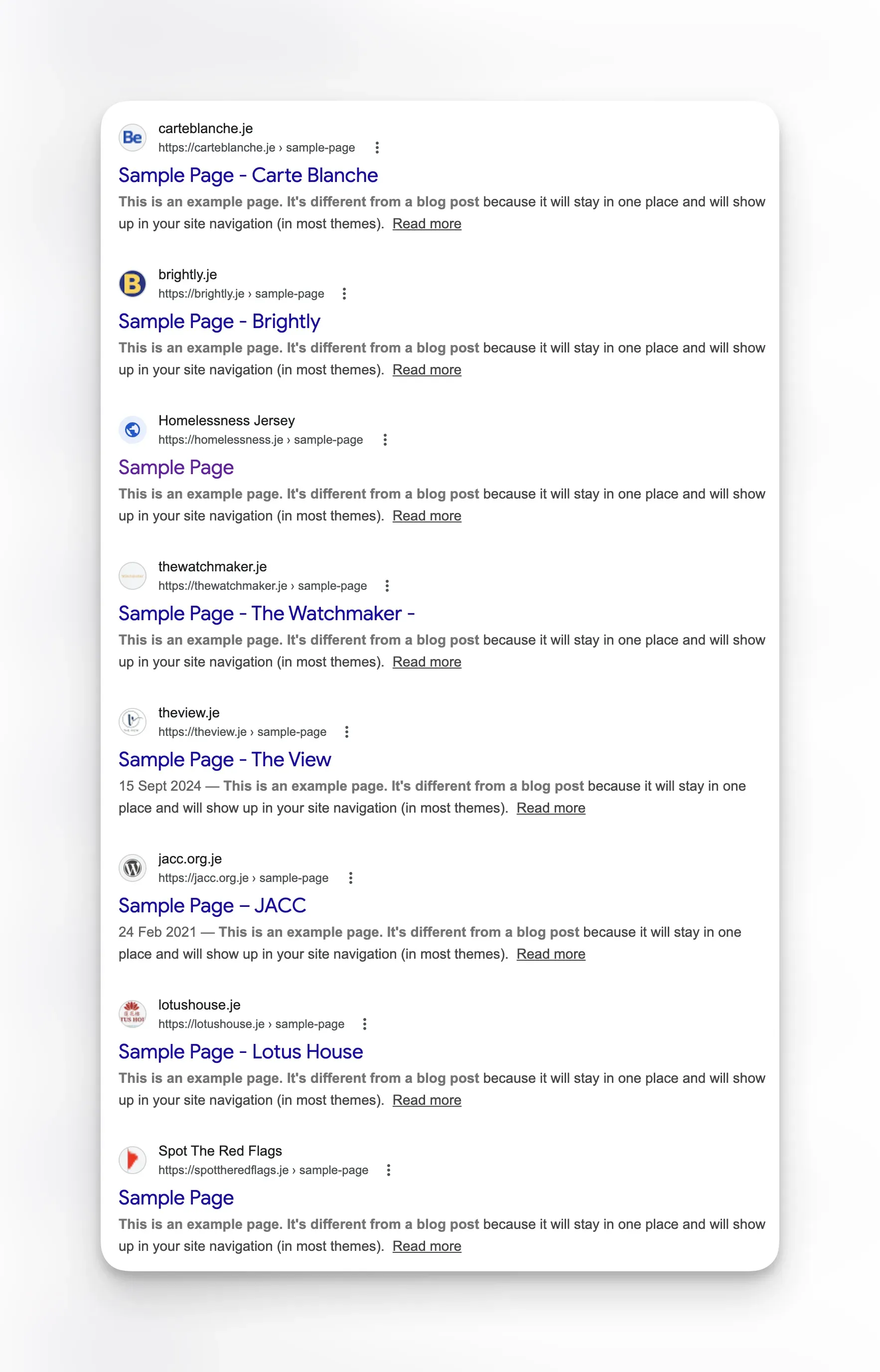 Google search results showing eight Jersey (.je) websites with default WordPress Sample Page still indexed, including Carte Blanche, Brightly, Homelessness Jersey, The Watchmaker, The View, JACC, Lotus House, and Spot The Red Flags