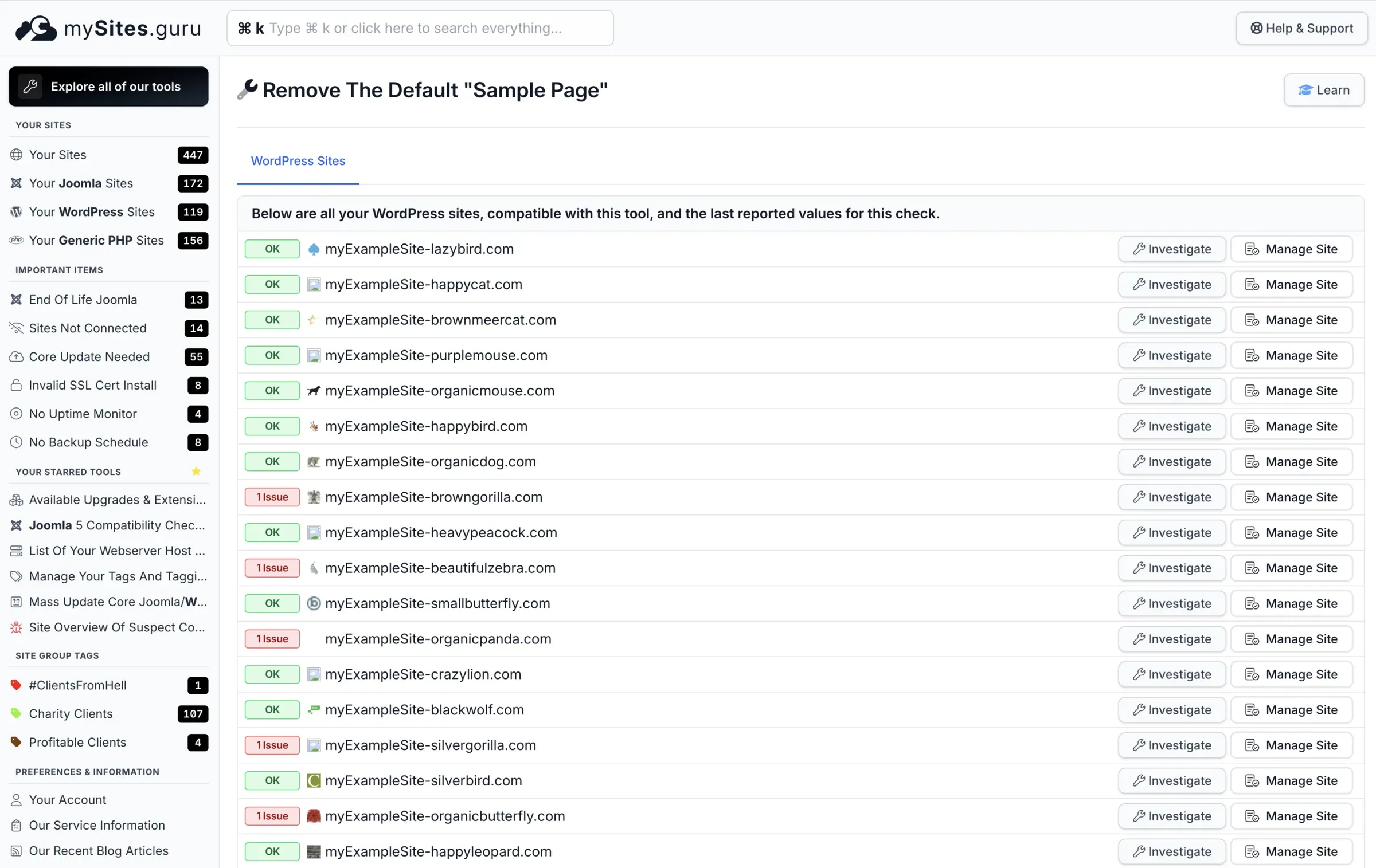 mySites.guru pivot page showing the Remove The Default Sample Page check across all WordPress sites, with OK and 1 Issue status badges for each site