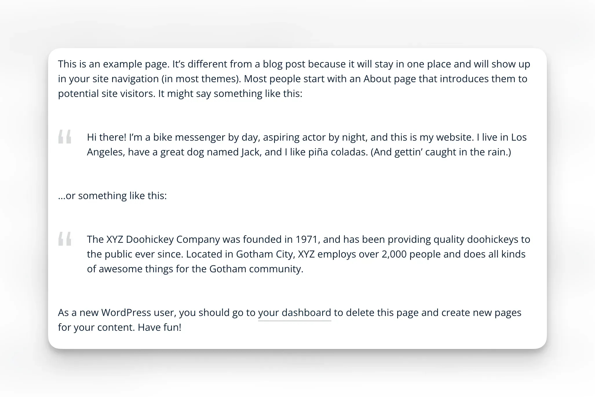 The default WordPress Sample Page content, including placeholder text about the XYZ Doohickey Company and a bike messenger