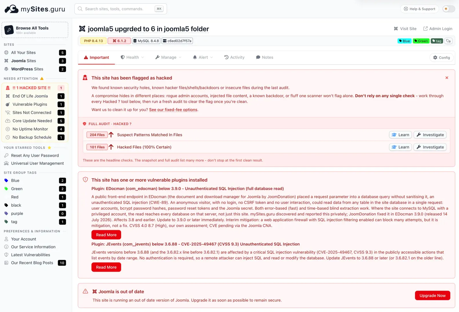 The Important tab of a connected Joomla site in mySites.guru, flagging it as hacked and, below that, listing its vulnerable plugins (EDocman and JEvents) with the complete vulnerability write-up inline
