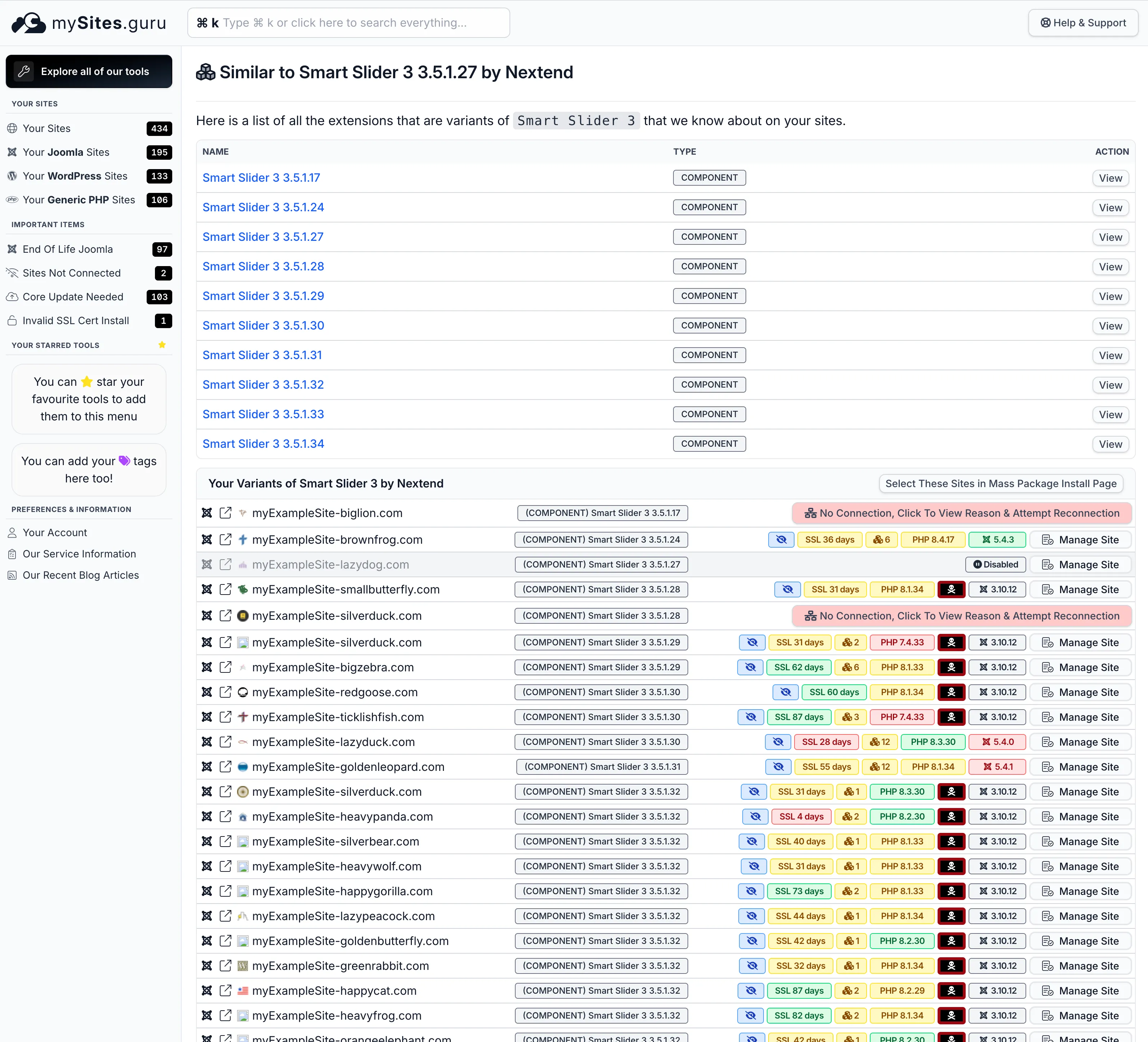 mySites.guru extension search showing all sites with Smart Slider 3 installed, grouped by version number from 3.5.1.17 through 3.5.1.34, with each site's PHP version, WordPress version, and SSL status visible