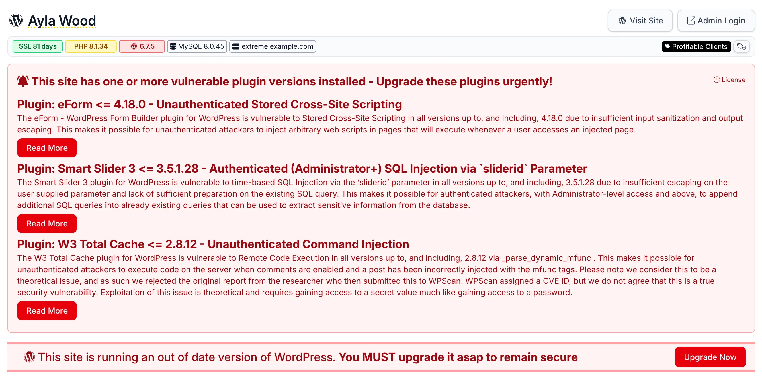 mySites.guru dashboard showing vulnerability warnings for Smart Slider 3 SQL Injection and other vulnerable plugins, with red Read More buttons and an urgent upgrade banner