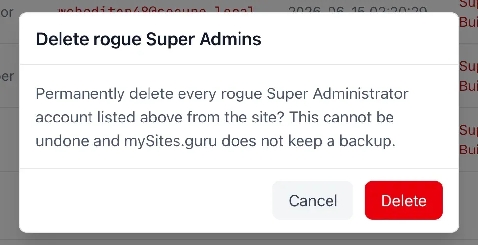 The Delete rogue Super Admins confirmation dialog in mySites.guru, warning that permanently deleting every listed rogue Super Administrator account cannot be undone and that mySites.guru does not keep a backup, with Cancel and Delete buttons