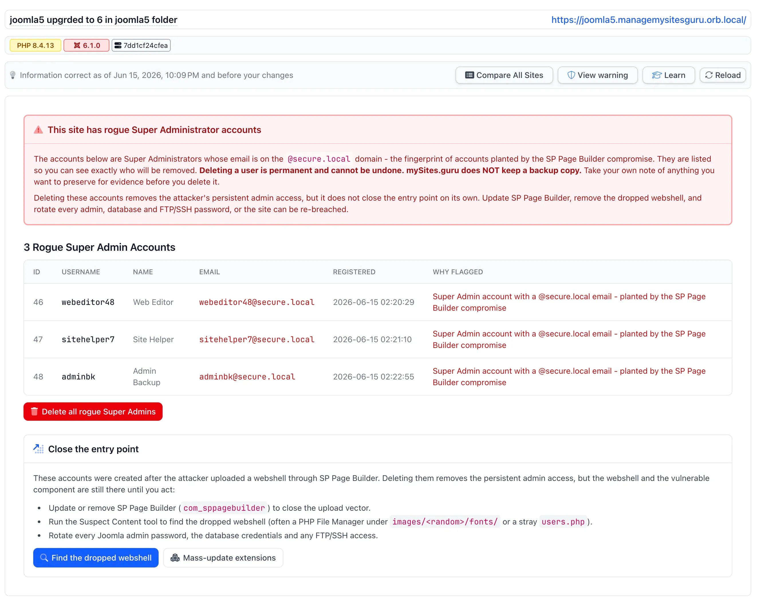 The mySites.guru Rogue Super Admin Accounts tool on a compromised site, flagging three Super Administrator accounts with @secure.local emails (Web Editor, Site Helper and Admin Backup) planted by the SP Page Builder compromise, with a Delete all rogue Super Admins button and a Close the entry point panel