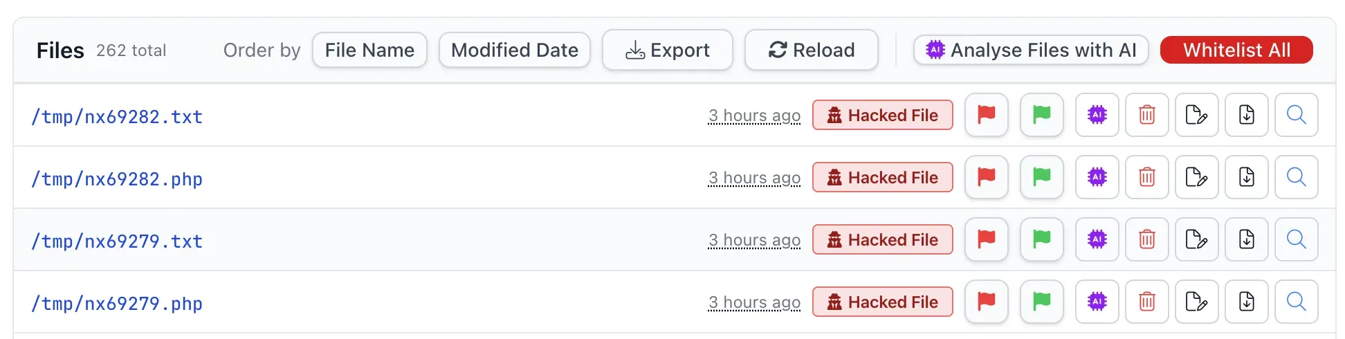 Confirmed hacked files in the mySites.guru file list, each carrying the red Hacked File badge