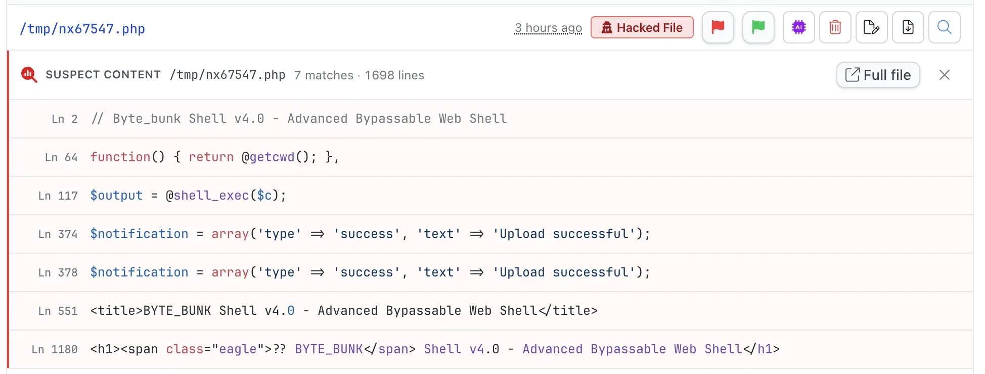 The suspect content match view showing 7 matched lines in a BYTE_BUNK webshell, including a shell_exec call and upload handlers