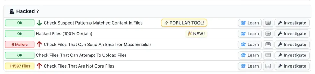 The mySites.guru Hacked tools group showing Check Suspect Patterns Matched Content In Files and Hacked Files (100% Certain) as two separate tools