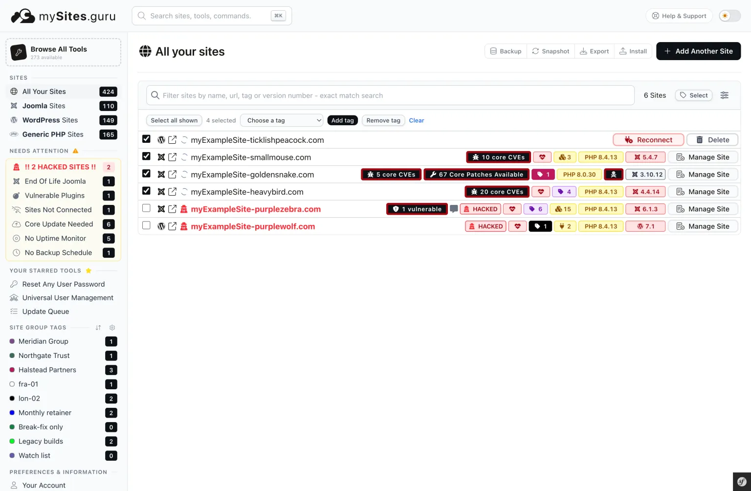 The mySites.guru sites list in selection mode, with four rows ticked and a bar reading Select all shown, 4 selected, a Choose a tag dropdown, and Add tag, Remove tag and Clear buttons
