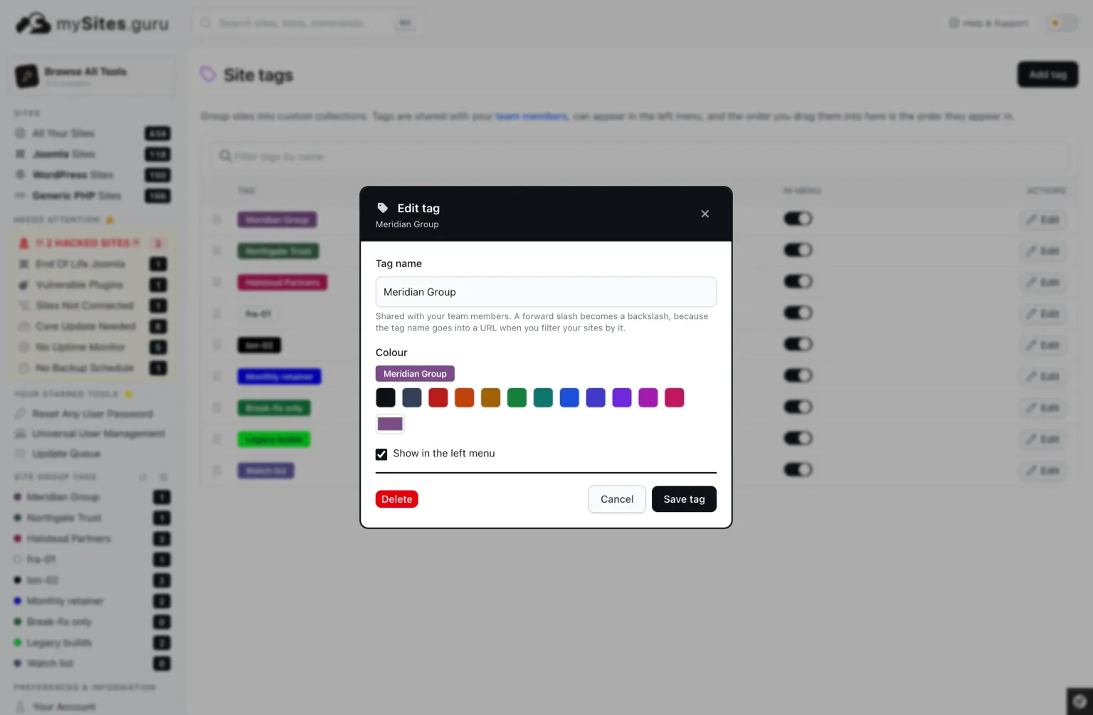The Edit tag dialog in mySites.guru, showing the Tag name field, a live preview badge, twelve preset colour swatches plus a custom colour picker, a Show in the left menu checkbox, and Delete, Cancel and Save tag buttons