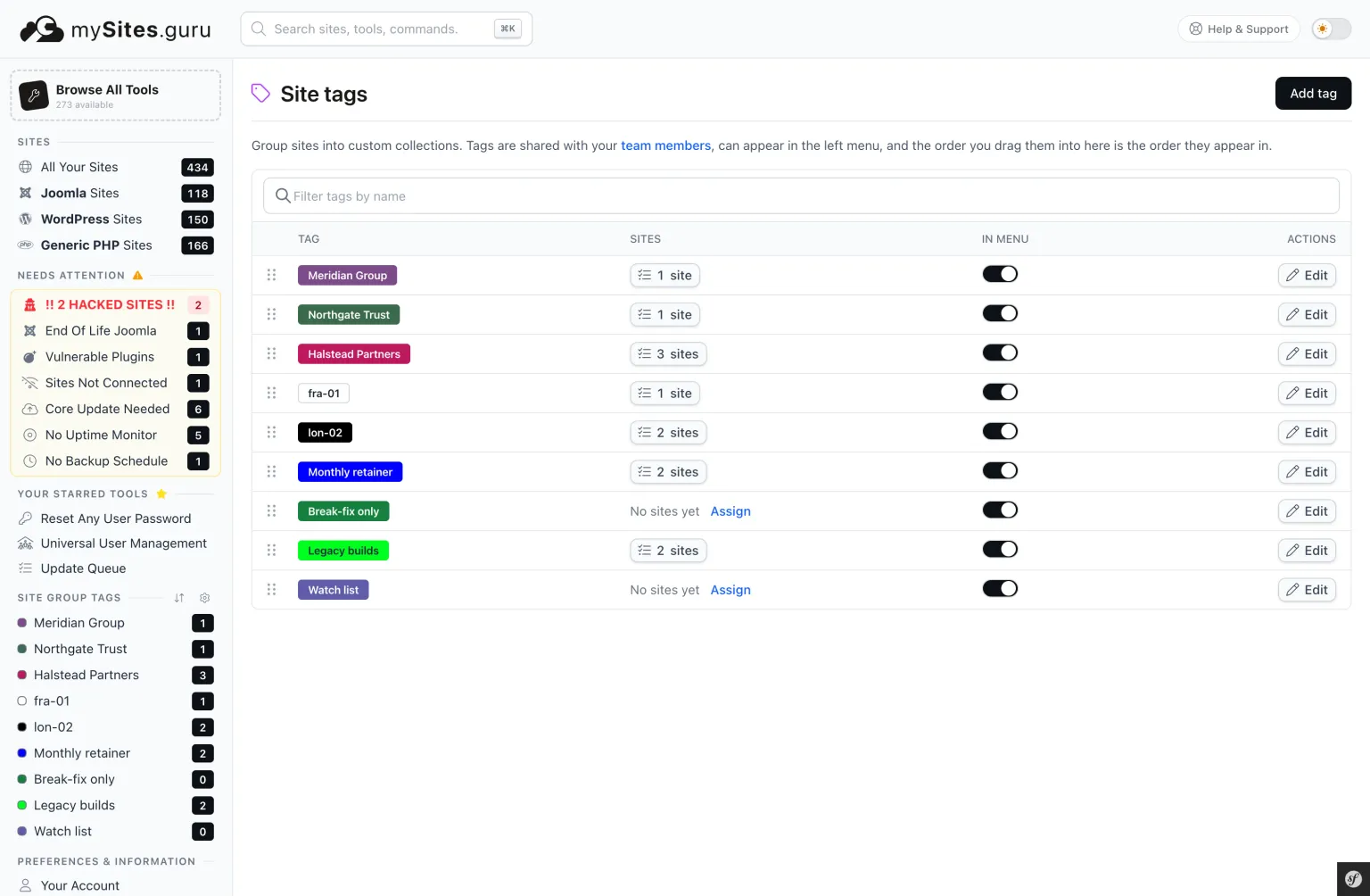 The mySites.guru Site tags page, showing nine tags with their colours, site counts, in-menu switches and drag grips, and the same tags repeated in the Site Group Tags section of the left menu