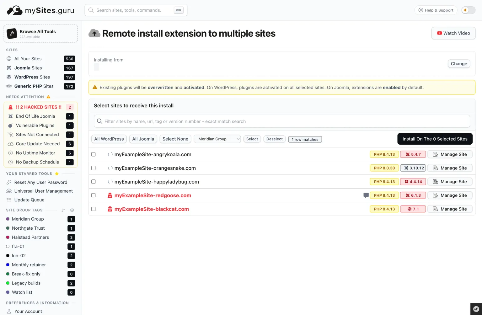 The remote install site picker in mySites.guru, with a Select sites by tag dropdown set to Meridian Group, Select and Deselect buttons, and a badge reading 1 row matches
