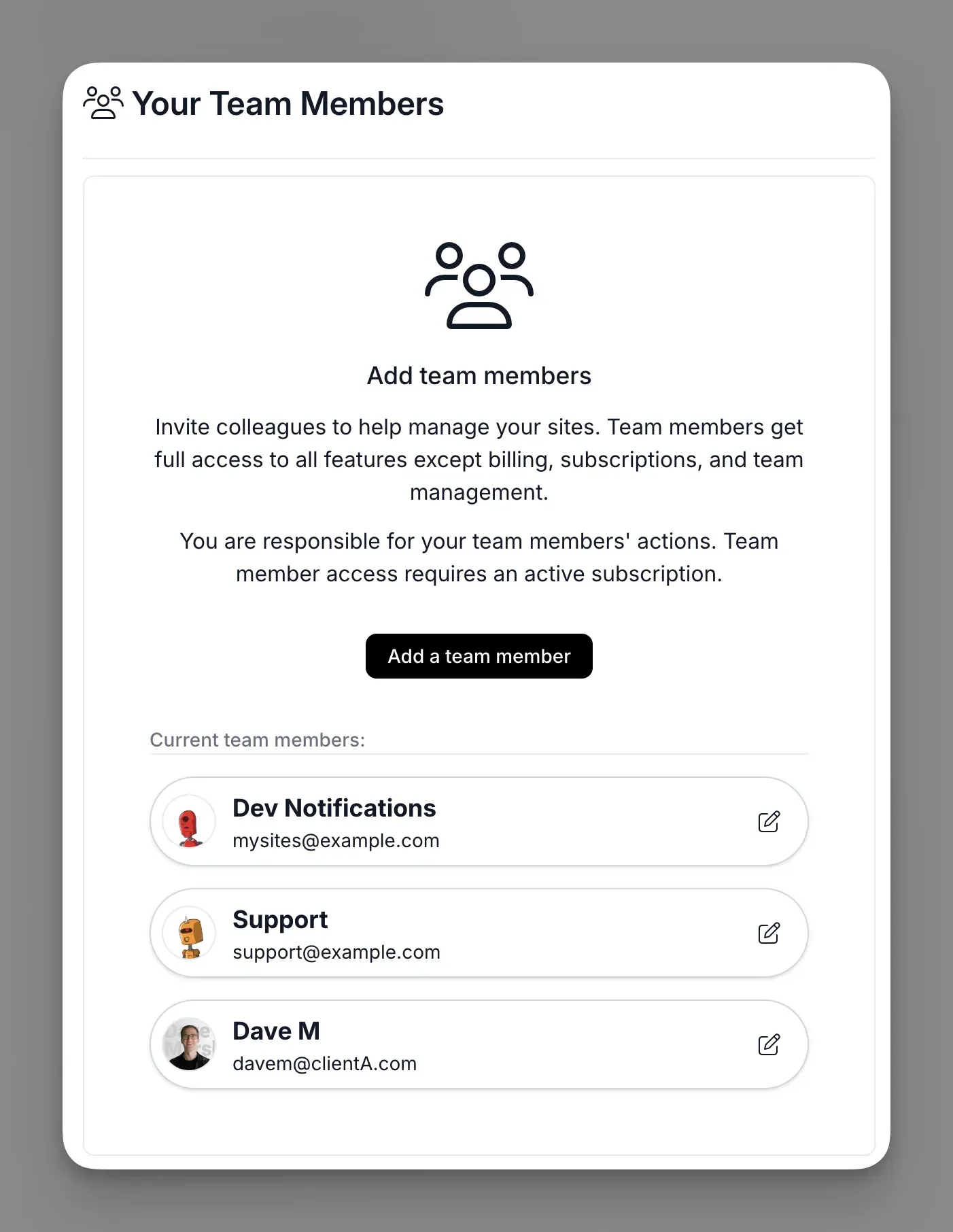 Team members screenshot