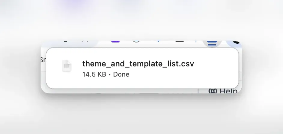 The exported CSV file showing site URLs, CMS versions, platform types, template names, versions, and authors.